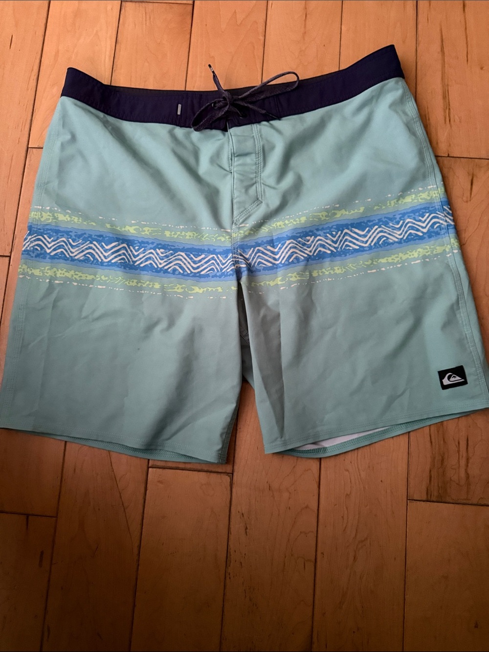Quiksilver Mint Green Boardshorts with Navy Waistband and Blue Accent Stripe